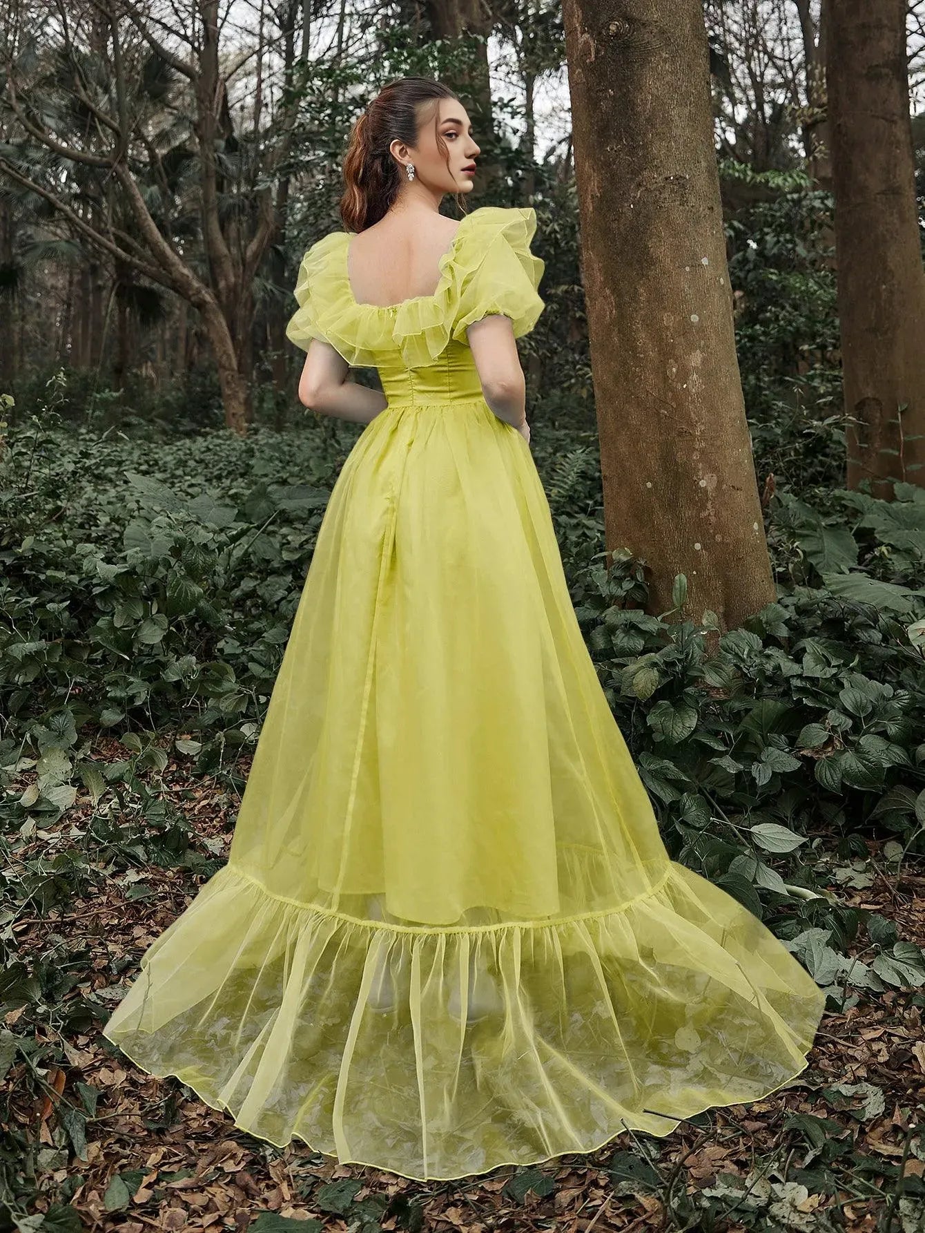 Elegant Long Evening Dresses Square Neck Ruffle Trim Puff Sleeves Dress Prom Evening Dress With Side Slit/ Evening Dresses For Women